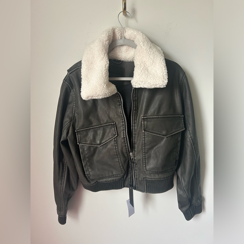 Blank NYC black Sherpa collar faux leather bomber jacket